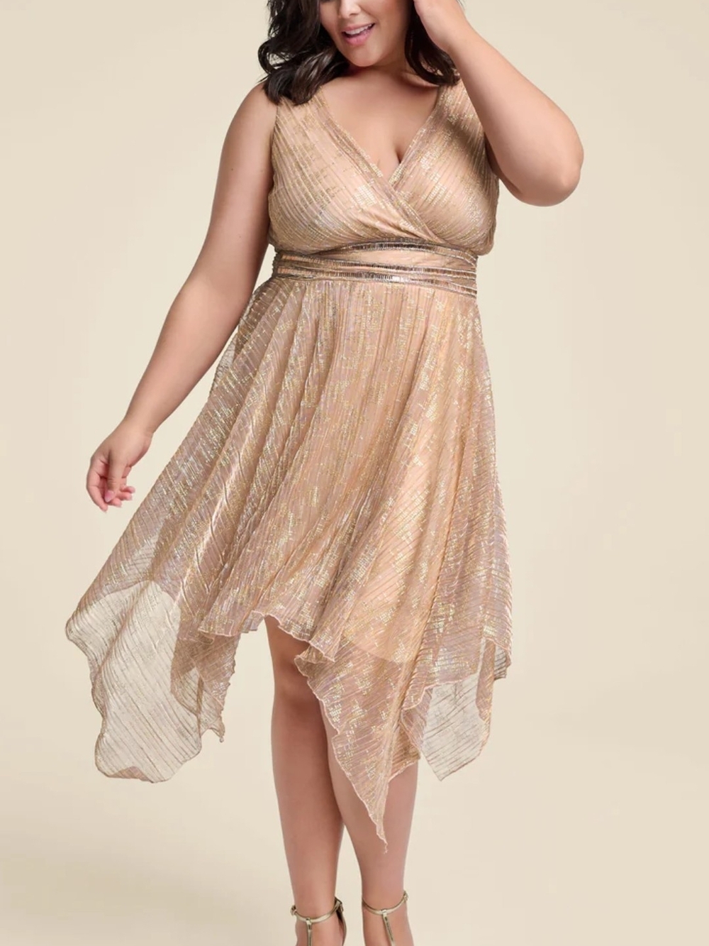 VENUS Shimmery Nude Handkerchief-Hem Dress